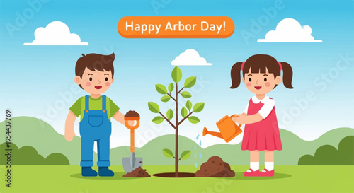 Children planting a tree on arbor day with watering can outdoors in nature