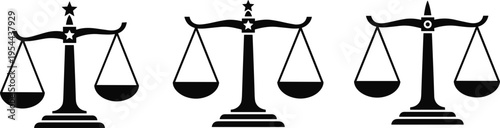 Black and white vector illustration of three balance scale silhouettes, justice symbol, fairness concept, equality design, legal judgment art representation