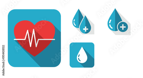 Set of medical health icons including a heart with a pulse line and blue water drops symbolizing blood donation or healthcare.