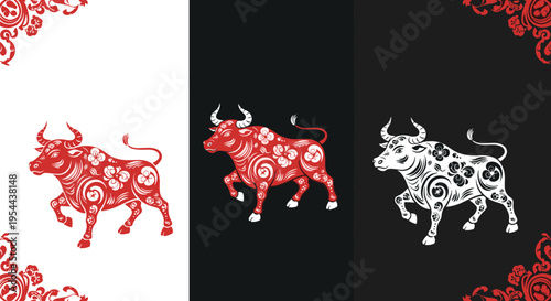 Three versions of the Chinese zodiac ox in red and white colors with traditional floral patterns for the year of the ox celebration.