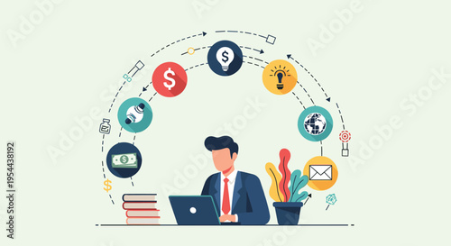 Professional businessman working on a laptop at his desk with various business and finance icons floating in a semi circle above him.
