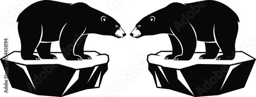 Black and white vector illustration of two polar bear silhouettes standing on ice floes, facing each other, Arctic wildlife, environmental awareness concept design