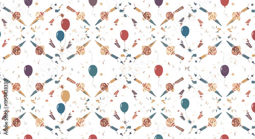 Seamless festive pattern with colorful balloons party poppers and confetti scattered on a white background for celebratory designs.