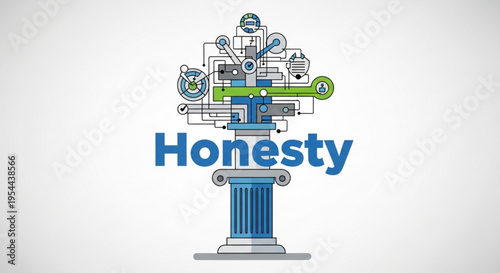 Honesty concept with blue column and gear icons on white background symbolizing integrity and truthfulness in business and relationships