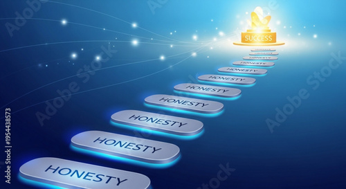 Path of honesty leading to shining gold treasure on blue background with glowing steps