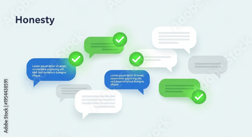 Honesty concept with green checkmarks and speech bubbles on light blue background
