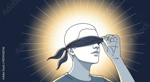 Woman wearing blindfold removing it with hand revealing bright light symbolizing discovery and enlightenment