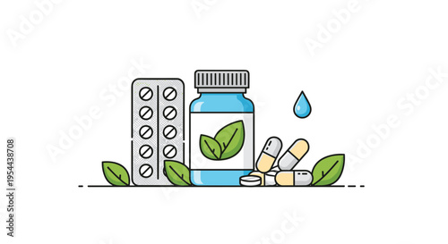 Illustration of herbal medicine with a blue bottle of pills a blister pack and green leaves representing organic supplements.