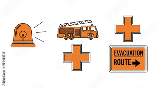 Nuclear Emergency Response Vector Icon Sheet, Disaster Evacuation Route, Siren, Fire Engine, First Aid Cross, Emergency Management Line Art Icon Set