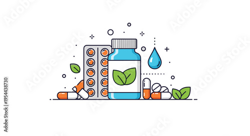 Collection of natural supplements and vitamins in a blue bottle and blister packs with green leaves for a healthy lifestyle design.