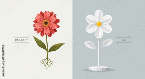 Two contrasting flowers symbolizing humility and fame with green leaves and roots on white and gray backgrounds