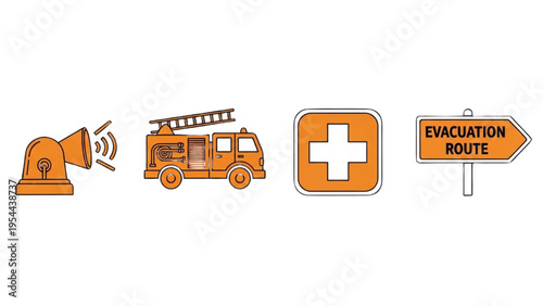 Nuclear Emergency Response Vector Icon Sheet, Disaster Evacuation Route, Siren, Fire Engine, First Aid Cross, Emergency Management Line Art Icon Set