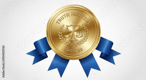 Golden medal with blue ribbon and truth justice symbol for awards or recognition