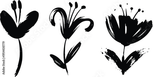 Black Floral Brush Stroke Flowers Vector Illustration