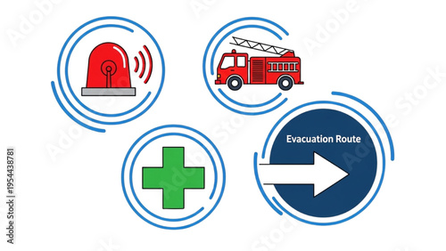 Nuclear Emergency Response Vector Icon Sheet, Disaster Evacuation Route, Siren, Fire Engine, First Aid Cross, Emergency Management Line Art Icon Set
