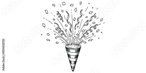 Party popper illustration, confetti cannon, celebration icon, festive design, striped cone, ribbons, streamers, joyful occasion, black and white vector