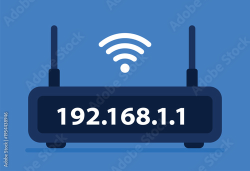 wifi router interface illustration, flat modern modem with antennas and ip address display, internet network device for configuration login page dashboard ui and connectivity management, vector illust
