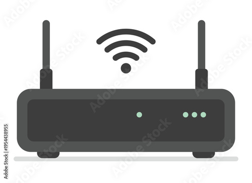 wifi router icon, dark minimal flat modem with dual antennas and signal waves, home internet network device with indicator lights for office setup and connectivity design, vector illustration