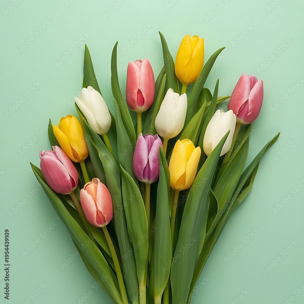 Obraz premium Vibrant Spring Tulips Fresh Colorful Bouquet on Mint Green Background