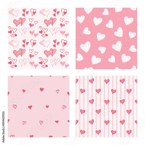 Set of seamless patterns with hand drawn doodle hearts in different styles romantic backgrounds collection for valentine day wrapping paper textile print wallpaper packaging and social media design