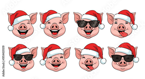 Collection of eight adorable cartoon pig characters wearing red Santa hats with various funny facial expressions on white.