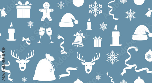Seamless Christmas pattern featuring white winter and holiday icons like reindeer bells and santa hats on a blue background.