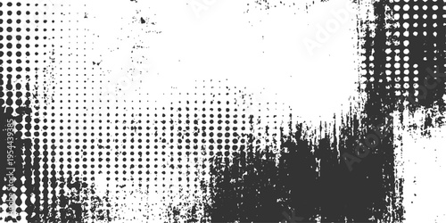 Abstract grungy texture features a combination of halftone dots and splattered elements, producing a design. The artwork is characterized by high contrast.
