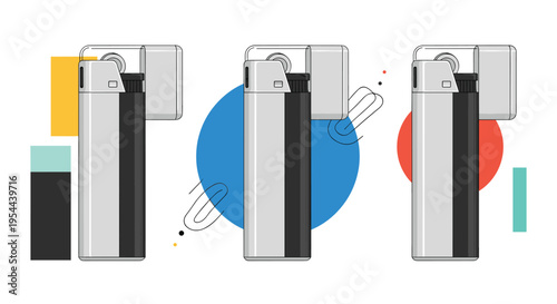 Set of three metal lighters with black bodies arranged against colorful geometric backgrounds of blue red and yellow.