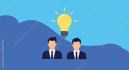 Two businessmen silhouettes standing together with a glowing light bulb idea icon on a blue abstract background.