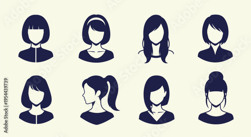 Eight dark blue silhouettes of woman heads with various stylish hairstyles isolated on a light beige background.