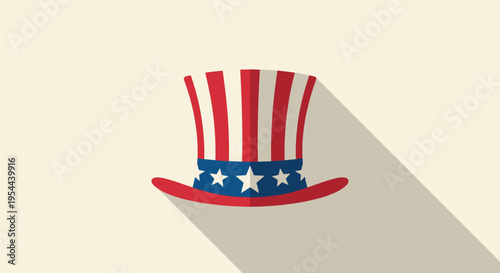 Iconic red white and blue Uncle Sam top hat with stars isolated on a light beige background with long shadow for holiday.