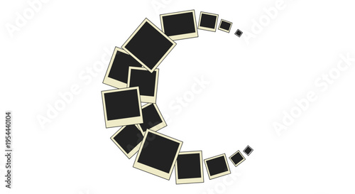 Arc shaped arrangement of various sized empty black photo frames with beige borders isolated on white background.