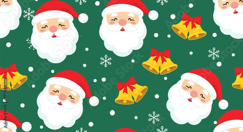 Seamless Christmas pattern featuring smiling Santa Claus faces, golden jingle bells, and white snowflakes on a green background.