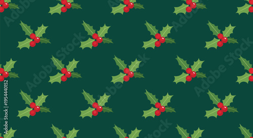 Seamless holiday pattern with clusters of red holly berries and green leaves scattered across a dark green background for Christmas.