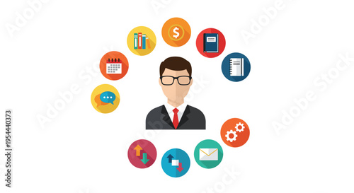 Portrait of a professional businessman in a suit surrounded by a circle of colorful icons representing various office tasks and tools.