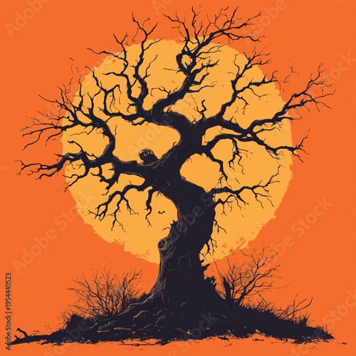 Haunted monster tree isolated on orange BG , vector style simple color