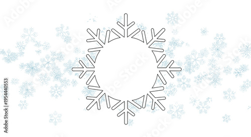 Delicate winter border composed of a large central snowflake outline and scattered small blue snowflakes on a white background.