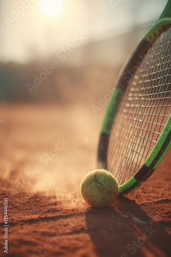Tennis Racket And Ball On Clay Court In Sunlight