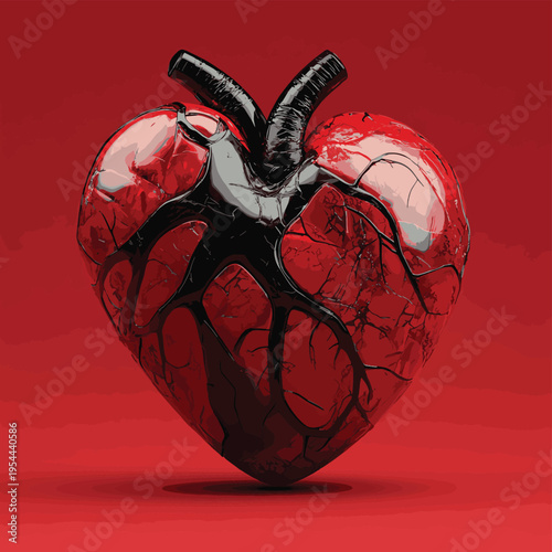 3D rendering organ human heart with black red vein illustration on red lighting BG , vector style simple color