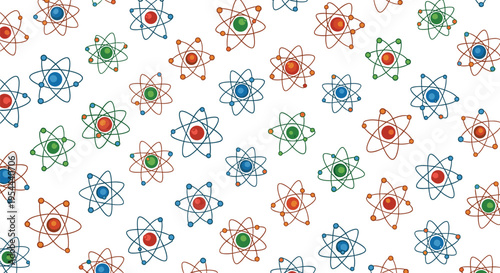 Science-themed seamless pattern featuring various colorful atoms and molecules scattered across a clean white background.