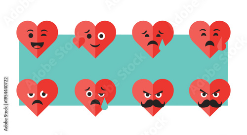 Set of eight red heart characters with various facial expressions representing different emotions on a light teal background.