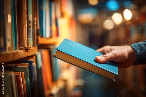 Person Holding Blue Book In Vintage Library