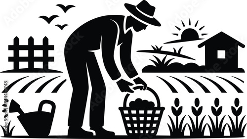 Farmer harvesting crops in a rural landscape at sunrise