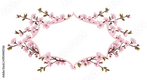 Beautiful floral frame decorated with delicate pink cherry blossom branches and green leaves on a plain white background.