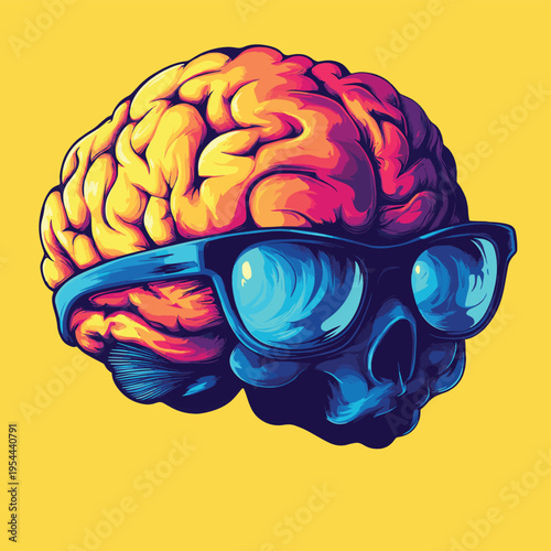 Colorful brain with sunglasses vector character , vector style simple color