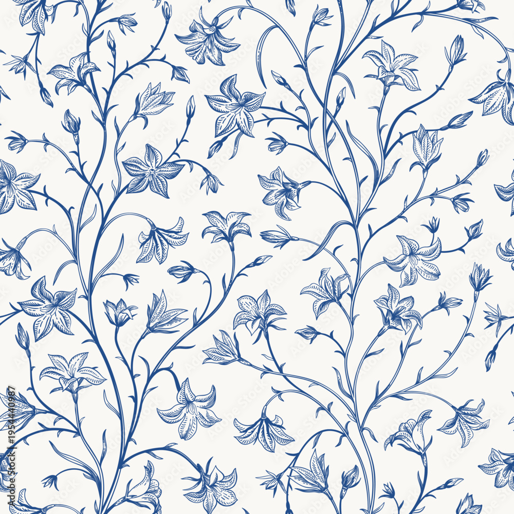 Fototapeta premium Seamless pattern with graceful forest bluebells. Classic blue on white.