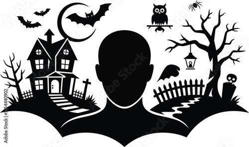 Halloween themed silhouette with spooky house, bats, and creepy creatures