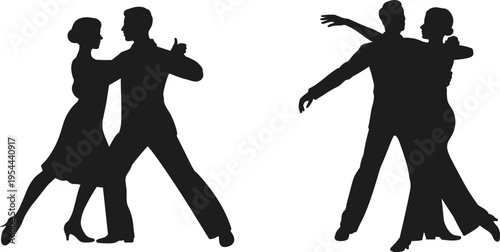 Black silhouette set of a graceful couple performing ballroom dance poses isolated on white background for wedding entertainment and classic dance studio design concepts