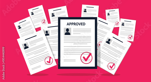 Business concept illustration featuring a central approved document surrounded by multiple papers with red checkmarks.