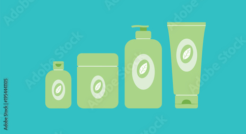 Set of natural organic skin care product containers in green including bottles and tubes with leaf symbols on a vibrant turquoise background.